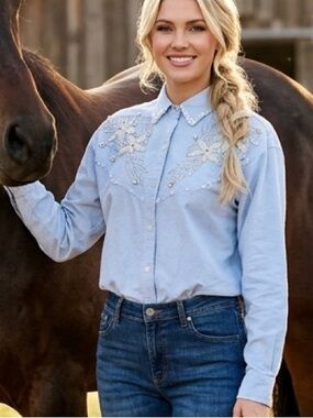 Vintage Jane Ashley Pale Blue Pearl & Rhinestone Western Button-Down Shirt